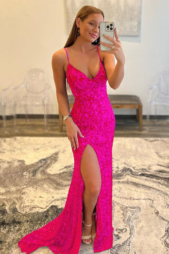 Gold Mermaid Sequin Formal Dress with Slit