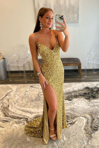 Gold Mermaid Sequin Formal Dress with Slit