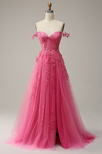 A Line Off the Shoulder Hot Pink Long Formal Dress with Appliques