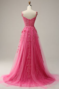 A Line Off the Shoulder Hot Pink Long Formal Dress with Appliques