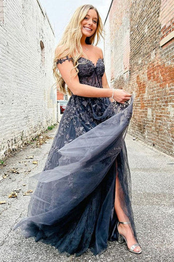 Charcoal Off the Shoulder Formal Dress with Appliques