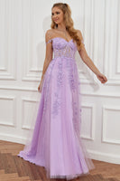 Load image into Gallery viewer, Purple Off the Shoulder Long Formal Dress with Appliques