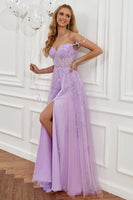 Load image into Gallery viewer, Purple Off the Shoulder Long Formal Dress with Appliques