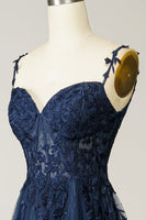 Load image into Gallery viewer, A Line Spaghetti Straps Navy Formal Dress with Appliques