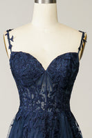 Load image into Gallery viewer, A Line Spaghetti Straps Navy Formal Dress with Appliques