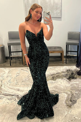 Sparkly Dark Green Sequins Mermaid Sweetheart Long Formal Dress