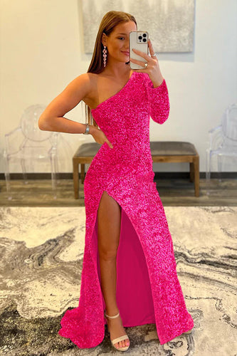 Pink One Shoulder Sequined Formal Dress