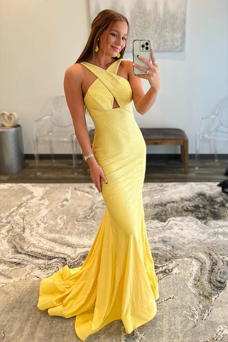 Load image into Gallery viewer, Yellow Halter Mermaid Formal Dress