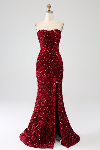 Red Strapless Sequins Long Mermaid Formal Dress With Slit