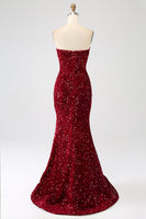 Load image into Gallery viewer, Red Strapless Sequins Long Mermaid Formal Dress With Slit
