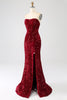 Load image into Gallery viewer, Red Strapless Sequins Long Mermaid Formal Dress With Slit