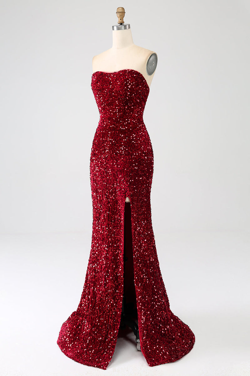 Load image into Gallery viewer, Red Strapless Sequins Long Mermaid Formal Dress With Slit