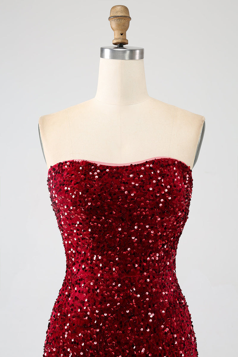 Load image into Gallery viewer, Red Strapless Sequins Long Mermaid Formal Dress With Slit