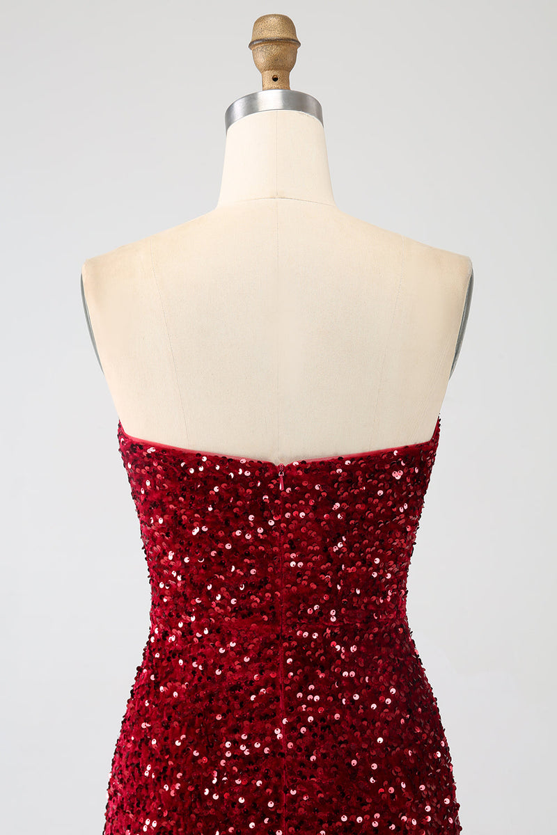 Load image into Gallery viewer, Red Strapless Sequins Long Mermaid Formal Dress With Slit