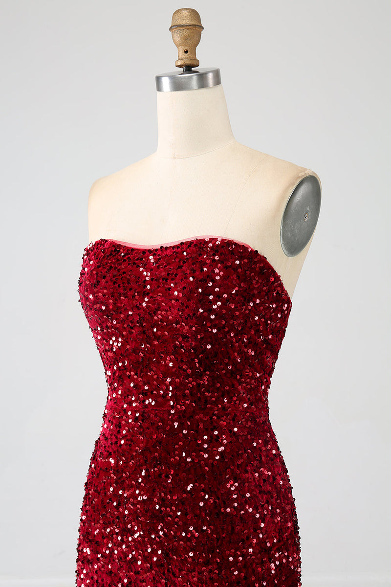 Load image into Gallery viewer, Red Strapless Sequins Long Mermaid Formal Dress With Slit