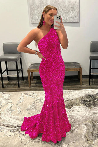 Mermaid Glitter Sexy One-Shoulder Long Formal Dress With Sequins