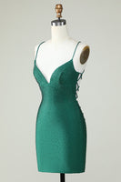 Load image into Gallery viewer, Sheath Spaghetti Straps Dark Green Short Formal Dress with Beading