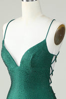 Load image into Gallery viewer, Sheath Spaghetti Straps Dark Green Short Formal Dress with Beading