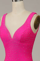 Load image into Gallery viewer, Mermaid V Neck Hot Pink Long Formal Dress with Beading