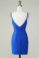 Load image into Gallery viewer, Bodycon Deep V Neck Royal Blue Short Formal Dress with Beading