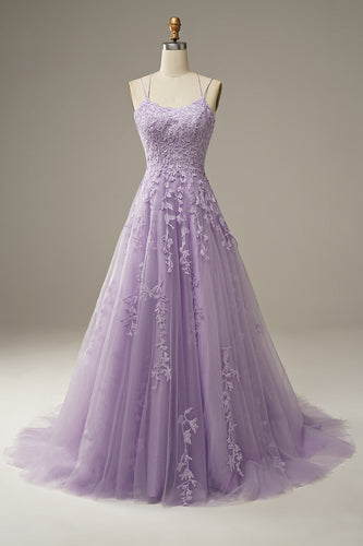 Appliques Purple Tulle Formal Dress