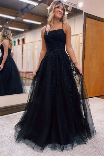 Black A-Line Tulle Long Formal Dress with Lace