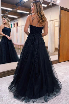 Black A-Line Tulle Long Formal Dress with Lace