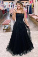 Load image into Gallery viewer, Black A-Line Tulle Long Formal Dress with Lace