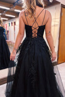 Load image into Gallery viewer, Black A-Line Tulle Long Formal Dress with Lace