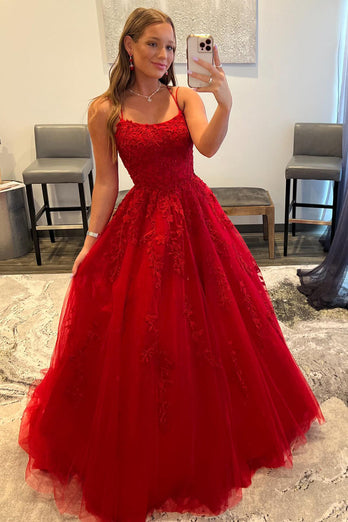 Red Spaghetti Straps Long Formal Dress with Appliques
