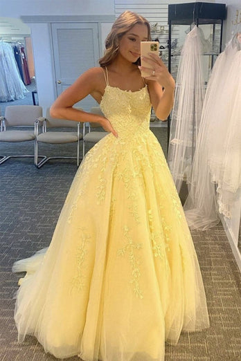 Princess Yellow Spaghetti Straps Formal Dress