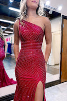 Load image into Gallery viewer, Sparkly Burgundy Beaded One Shoulder Long Formal Dress with Slit