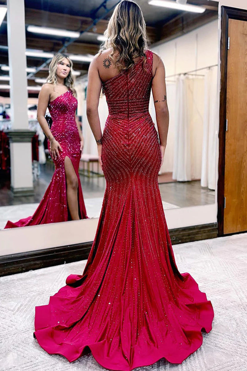 Load image into Gallery viewer, Sparkly Burgundy Beaded One Shoulder Long Formal Dress with Slit