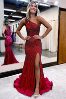 Load image into Gallery viewer, Sparkly Burgundy Beaded One Shoulder Long Formal Dress with Slit