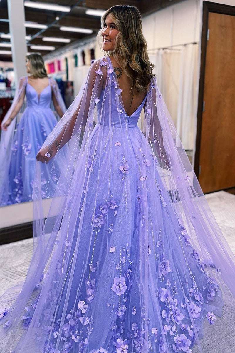 Load image into Gallery viewer, Glitter Purple A-Line Long Formal Dress with 3D Flowers