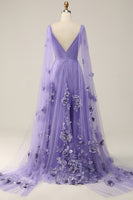 Load image into Gallery viewer, Glitter Purple A-Line Long Formal Dress with 3D Flowers