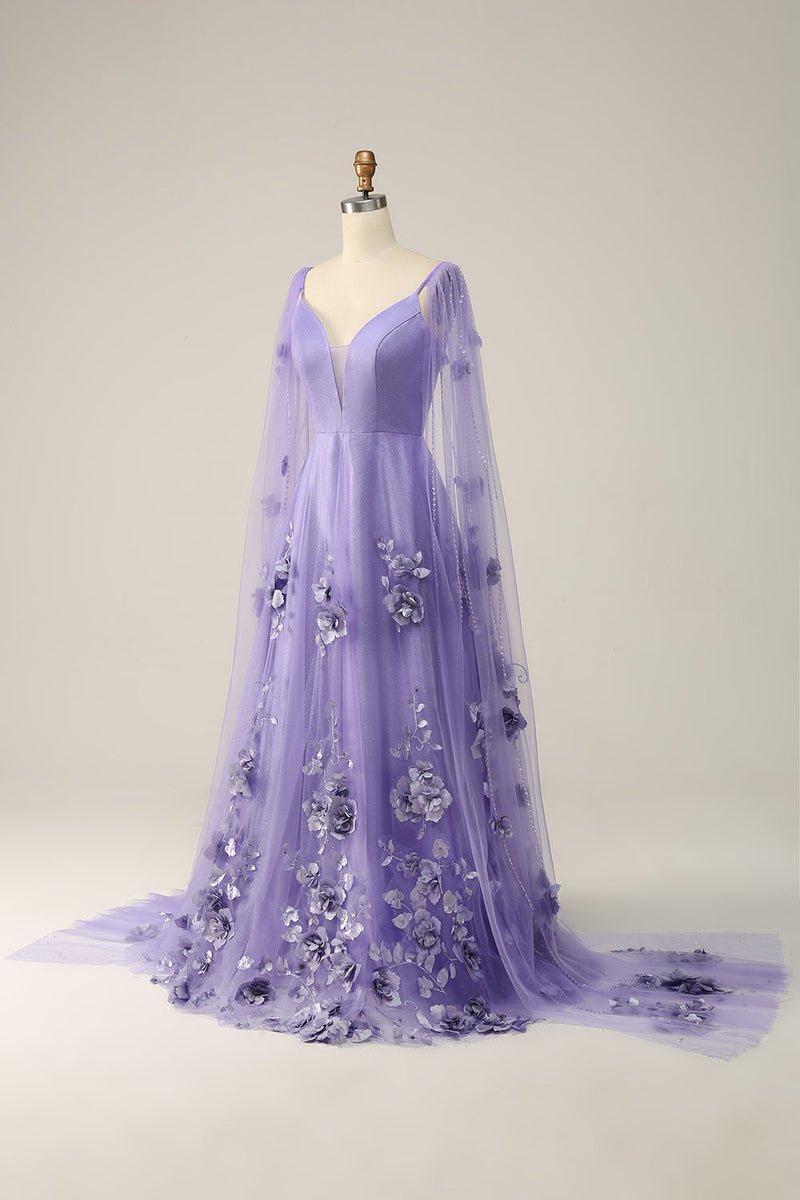 Load image into Gallery viewer, Glitter Purple A-Line Long Formal Dress with 3D Flowers