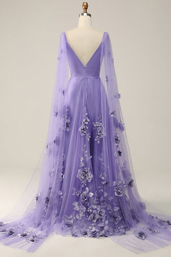 Purple Watteau Train Formal Dress With 3D Flowers