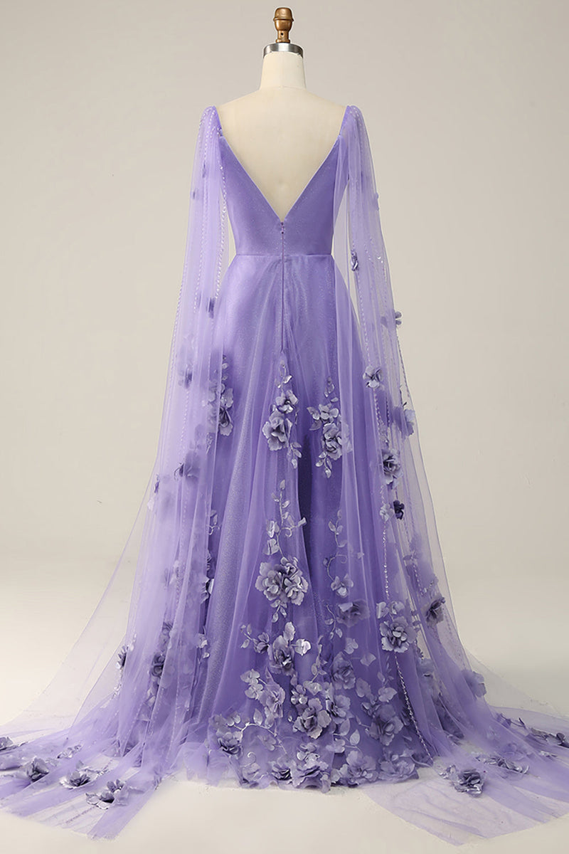 Load image into Gallery viewer, Purple Watteau Train Formal Dress With 3D Flowers