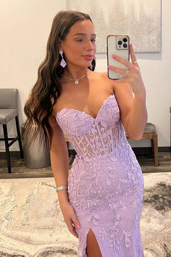 Purple Corset Sweetheart Long Lace Formal Dress with Slit