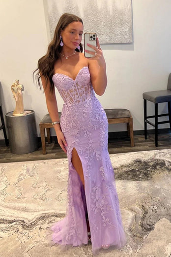 Pink Corset Sweetheart Long Lace Formal Dress with Slit
