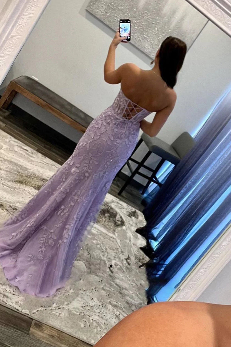 Load image into Gallery viewer, Purple Corset Sweetheart Long Lace Formal Dress with Slit