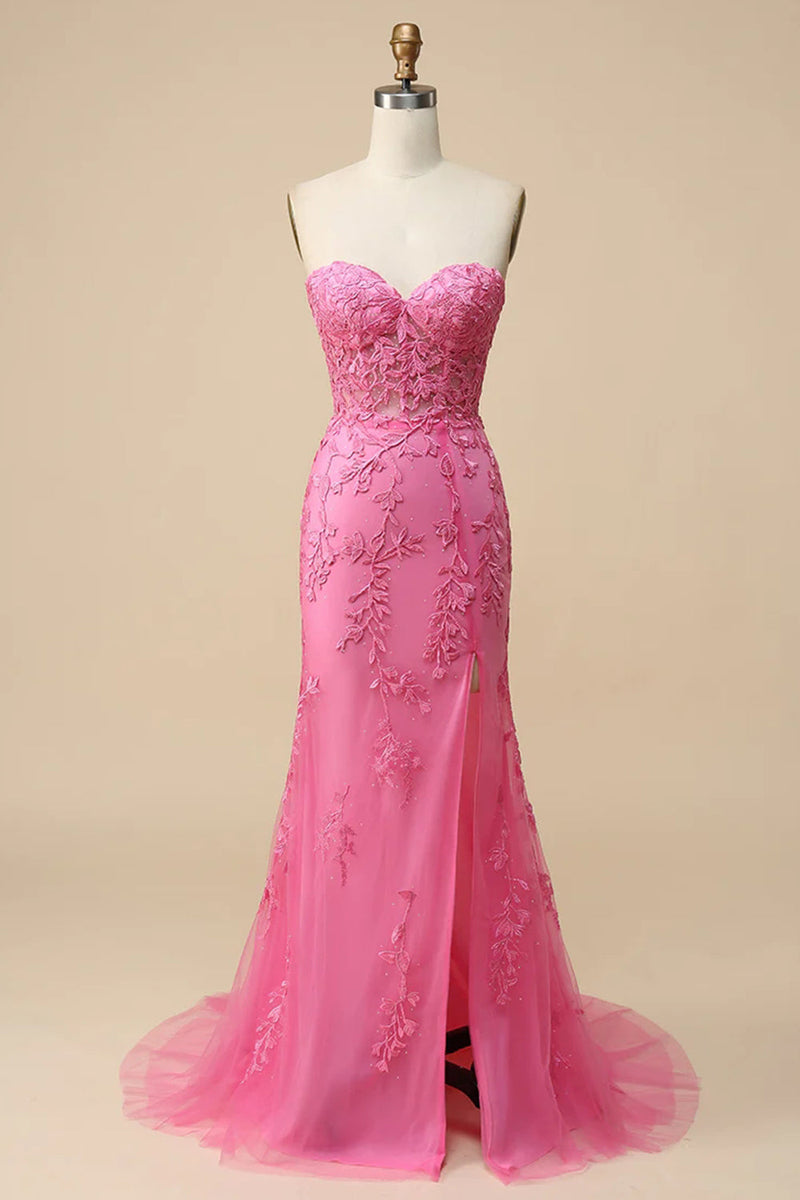 Load image into Gallery viewer, Pink Corset Sweetheart Long Lace Formal Dress with Slit