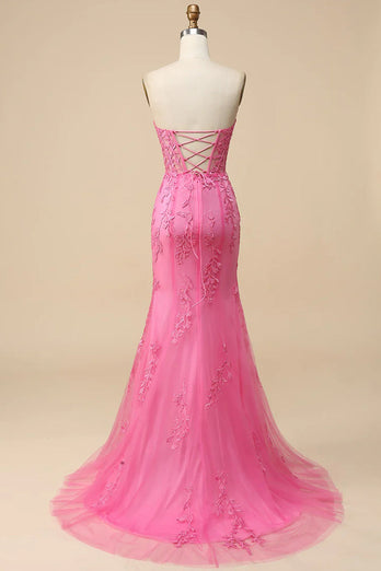 Pink Corset Sweetheart Long Lace Formal Dress with Slit