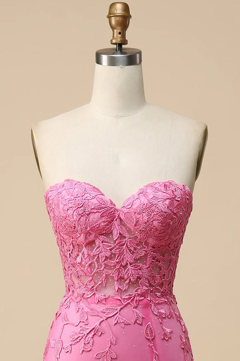 Load image into Gallery viewer, Pink Corset Sweetheart Long Lace Formal Dress with Slit