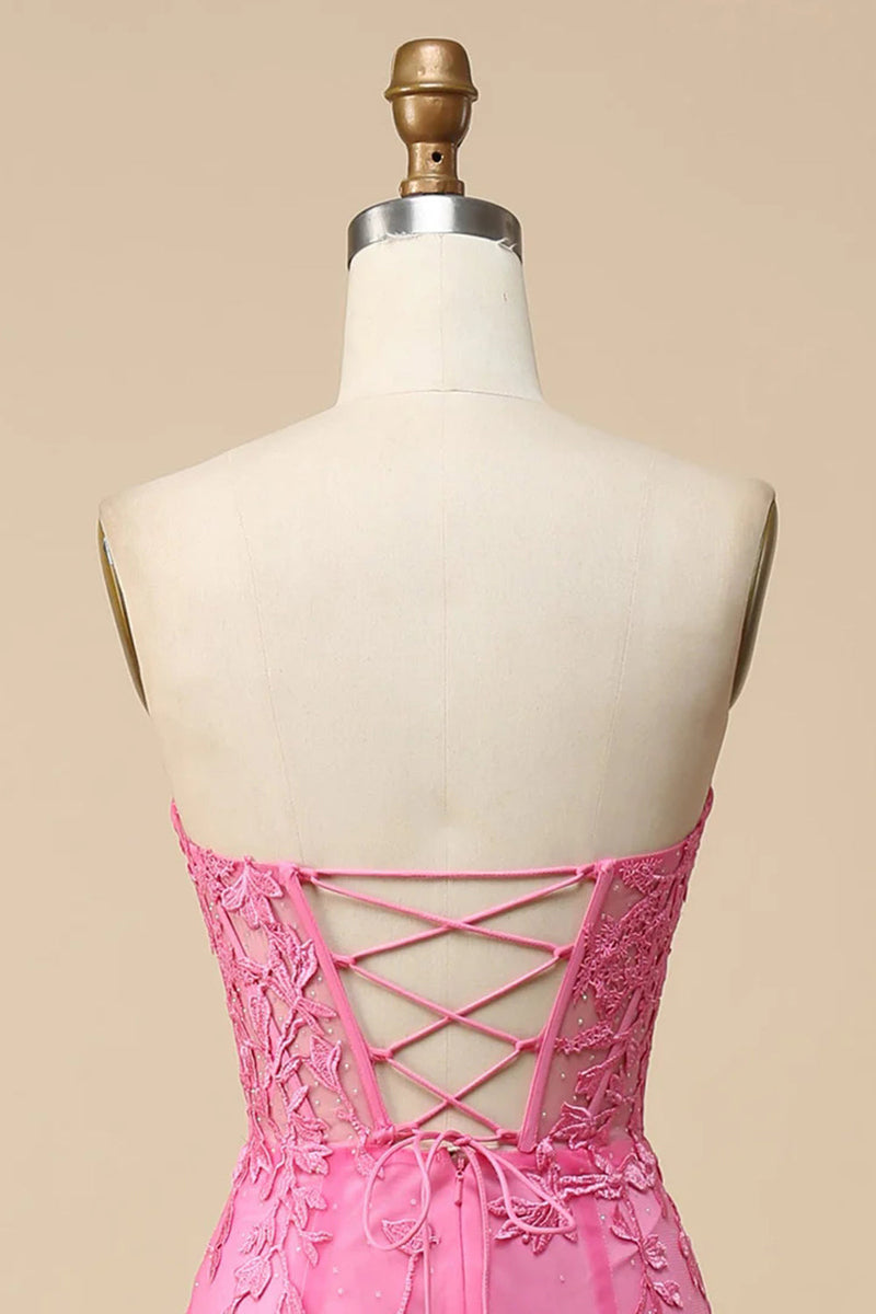 Load image into Gallery viewer, Pink Corset Sweetheart Long Lace Formal Dress with Slit