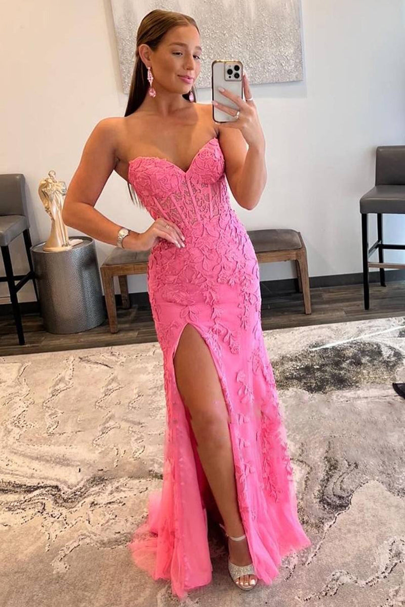 Load image into Gallery viewer, Pink Corset Sweetheart Long Lace Formal Dress with Slit