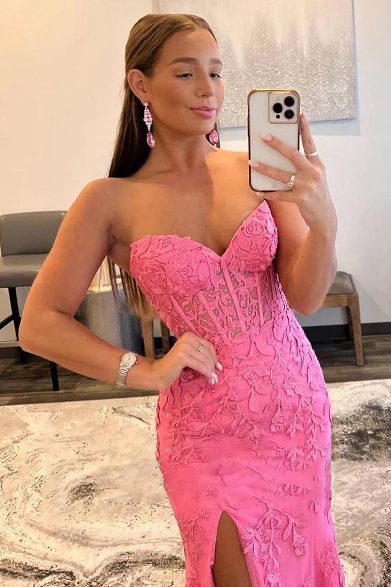 Load image into Gallery viewer, Pink Corset Sweetheart Long Lace Formal Dress with Slit