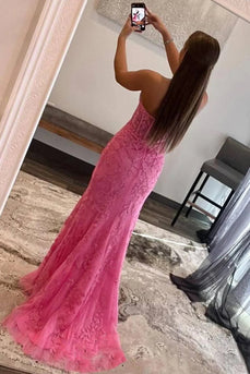 Pink Corset Sweetheart Long Lace Formal Dress with Slit