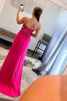 Sparkly Hot Pink Corset Long Formal Dress with Slit